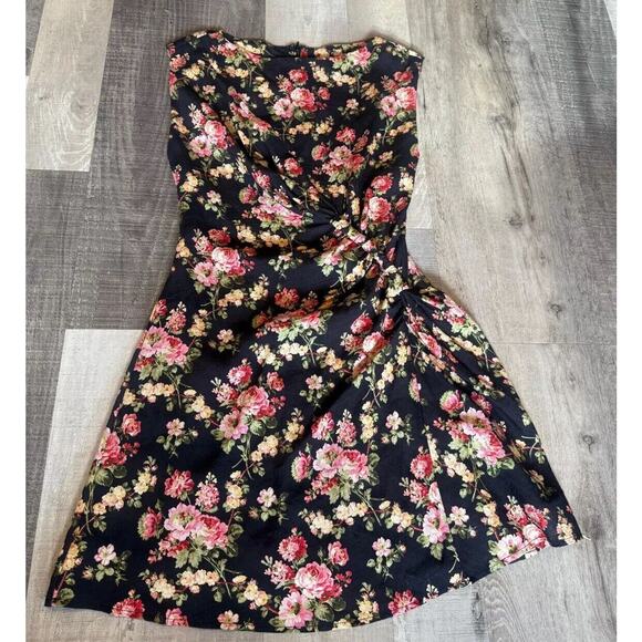 Fore Dress Womens Small Black Floral Pleated Sleeveless Boat Neck Back Zip - Picture 1 of 5